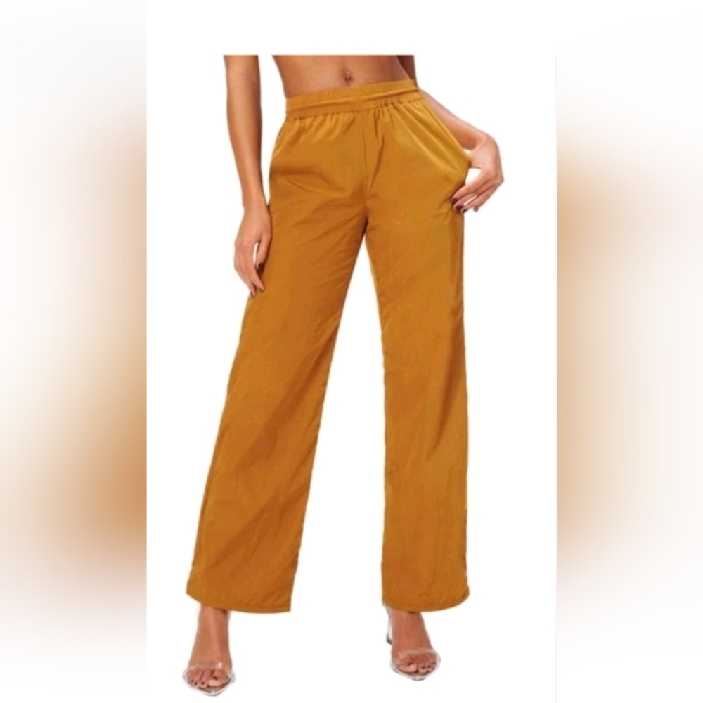 Good American Wide Leg Track Pant Bronze Brown Elastic Waist Women's Size 4 NEW